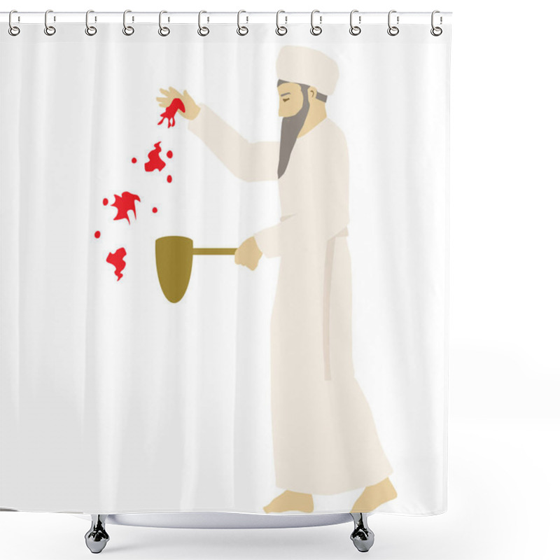 Personality  A Painting Of A Jewish High Priest Dressed In White Clothes On Yom Kippur Throwing Blood. He Holds A Gold Vessel In His Hand. As Part Of His Work At The Jewish Temple In Old Jerusalem.Colorful Vector Shower Curtains