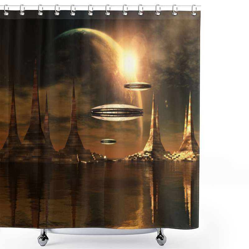 Personality  Alien Planet With Spaceships Shower Curtains