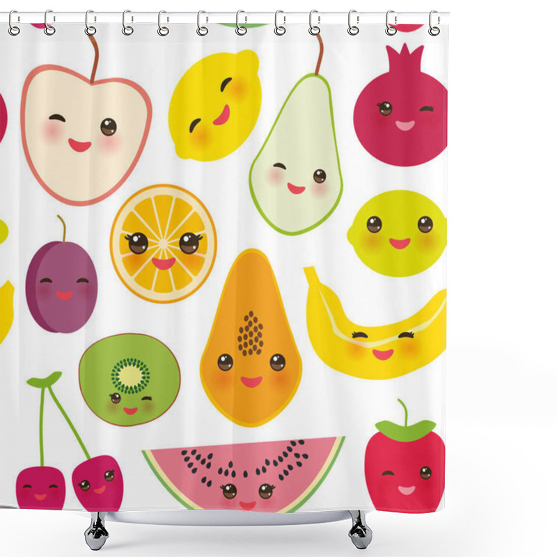 Personality  Seamless Pattern Strawberry Orange Banana Cherry Lime Lemon, Kiwi, Plums, Apples, Watermelon, Pomegranate, Papaya, Pear, Pear On White Background. Vector Illustration Shower Curtains