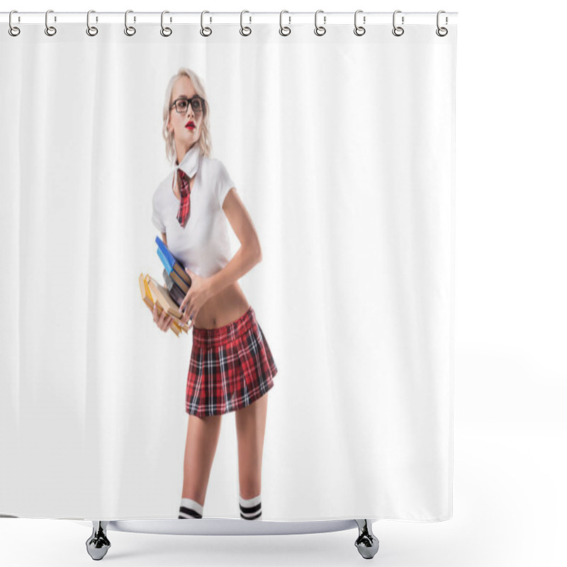 Personality  Sexy Blond Woman In Schoolgirl Clothing Holding Pile Of Books Isolated On White Shower Curtains