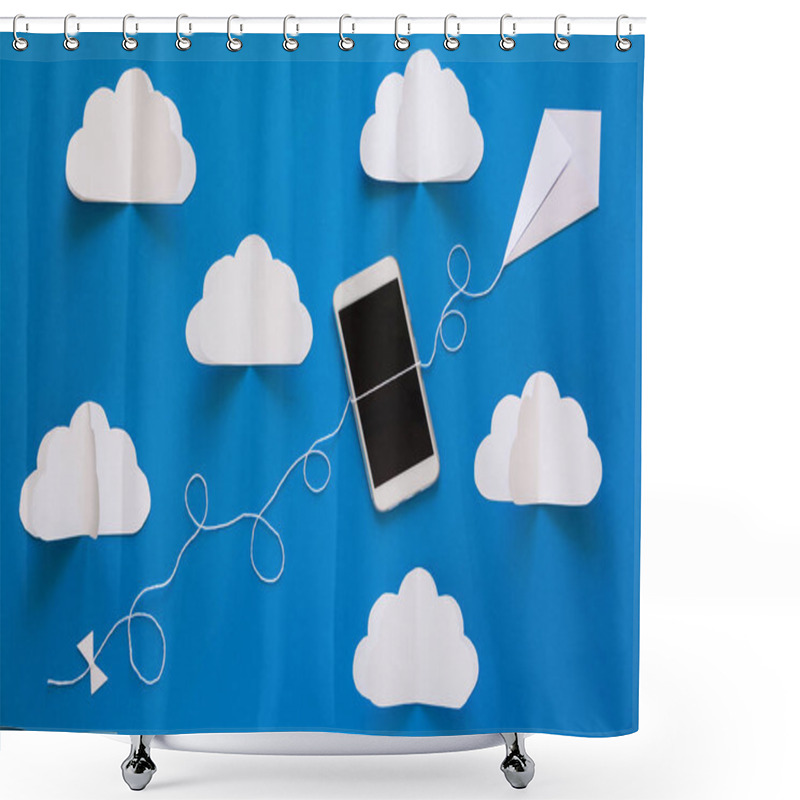 Personality  Network Connection And Cloud Storage Technology Concept. Data Communications And Cloud Computing Network Concept. Smart Phone Flying On Paper Kite On Blue Sky. Origami. Paper Cut. Top View Shower Curtains