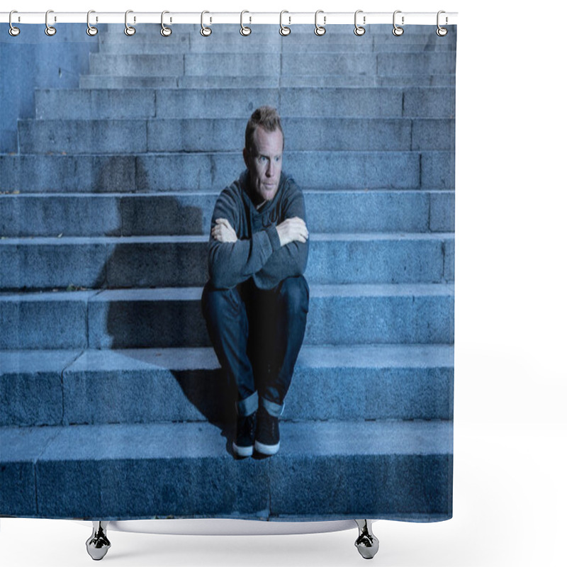 Personality  Young Desperate Jobless Man In Casual Clothes Abandoned Lost In Depression Sitting On Ground Concrete Stairs Alone In Grunge Lighting In Emotional Pain Loneliness Sadness Mental Health Concept. Shower Curtains