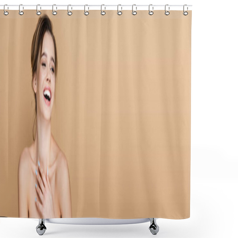 Personality  Joyful Woman With Naked Shoulders Holding Hand On Chest And Laughing Isolated On Beige, Banner Shower Curtains