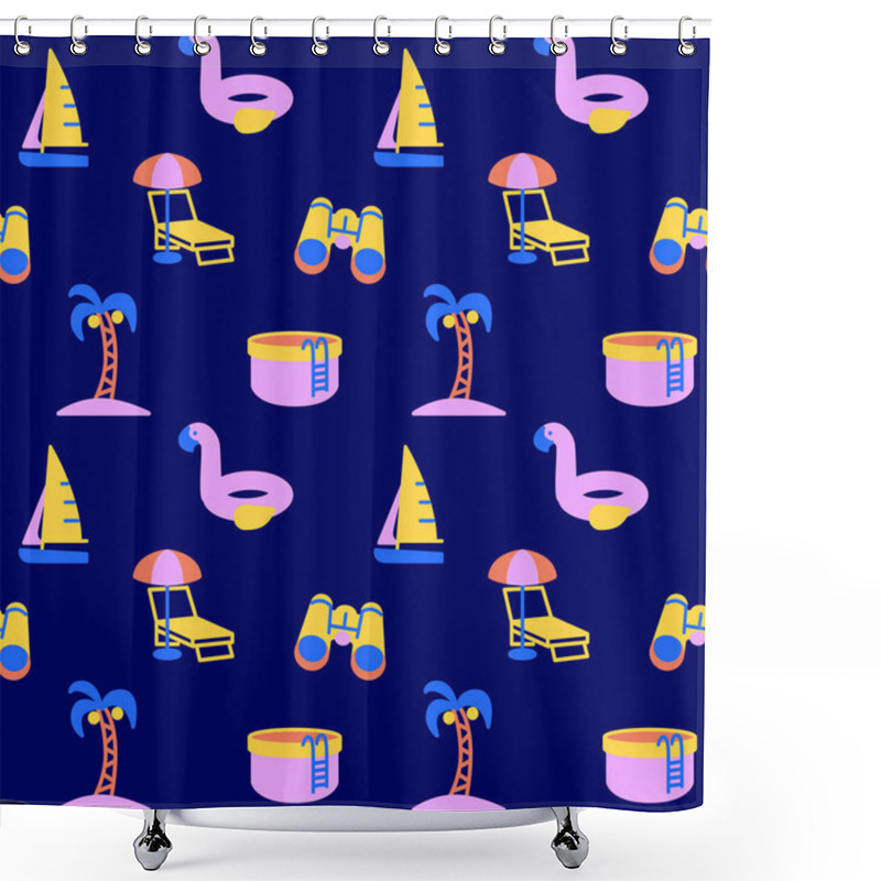 Personality  Summer Beach Icons Pattern. Summer Vacation Seamless Background. Seamless Pattern Vector Illustration Shower Curtains