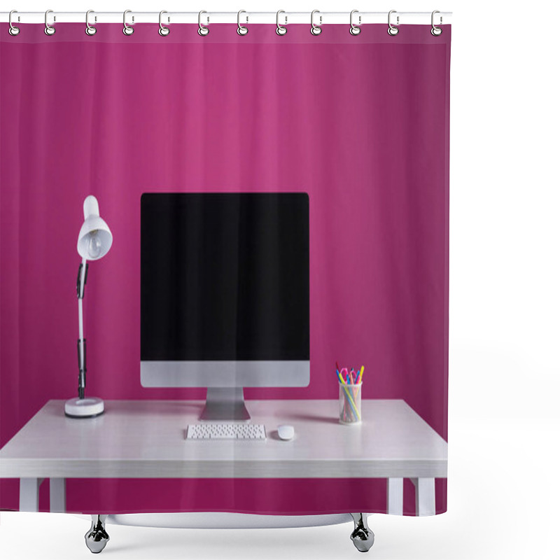 Personality  Desktop Computer With Blank Screen, Keyboard, Computer Mouse And Office Supplies On Table Shower Curtains