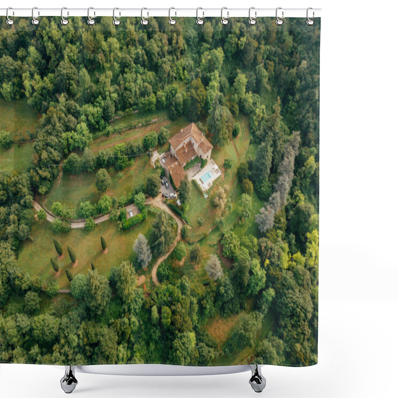 Personality  Aerial View Of Villa With Swimming Pool Between Forest In Italy  Shower Curtains