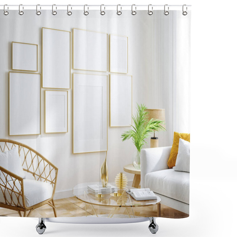 Personality  Mockup Frame, Wall In Interior Background, Coastal Style, 3d Render Shower Curtains