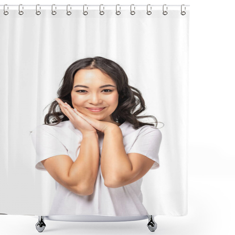 Personality  Smiling Asian Woman In White T-shirt Holding Arms Near Face Isolated On White Shower Curtains