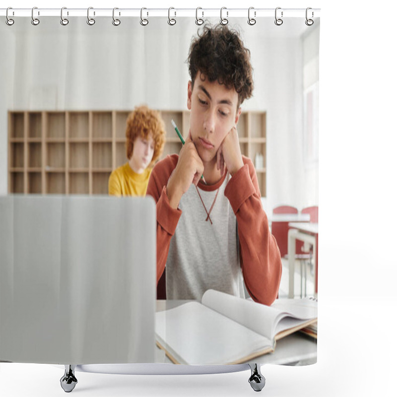 Personality  Pensive Teen Schoolboy Looking At Notebook Near Laptop And Digital Tablet In School Classroom Shower Curtains