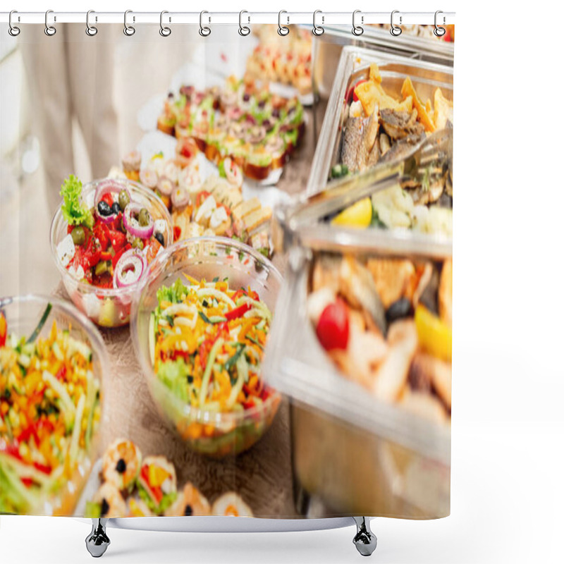 Personality  Close Up Of Different Salads On Buffet Table. Self Service Concept Shower Curtains