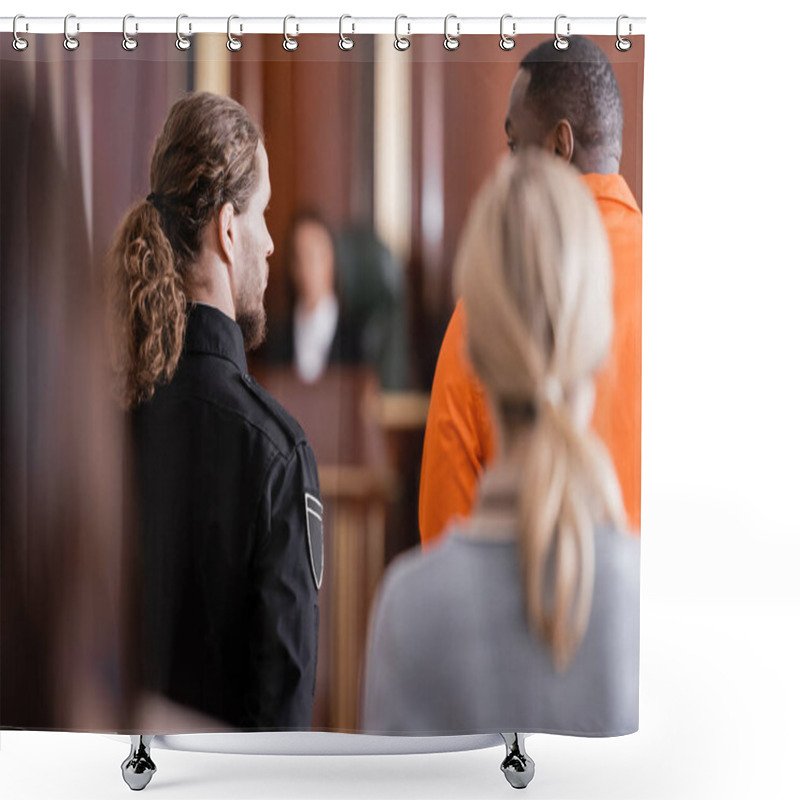 Personality  Back View Of Accused African American Man Near Guard And Blurred Jurors In Courtroom Shower Curtains