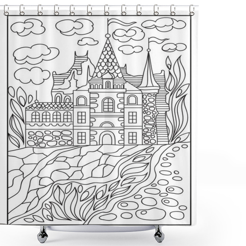 Personality  Graphical Illustration Of A Castle On The Background Of Nature 3 Shower Curtains