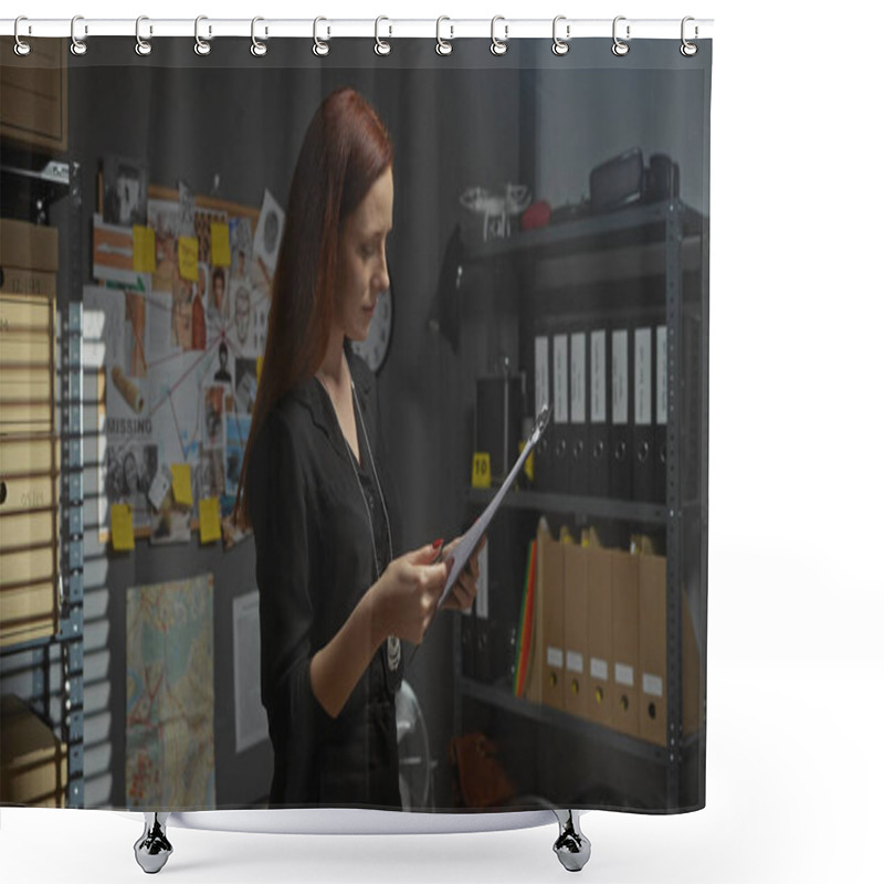 Personality  Redheaded Woman Reads A Document In A Detective's Office With Evidence Board, Files, And Map. Shower Curtains