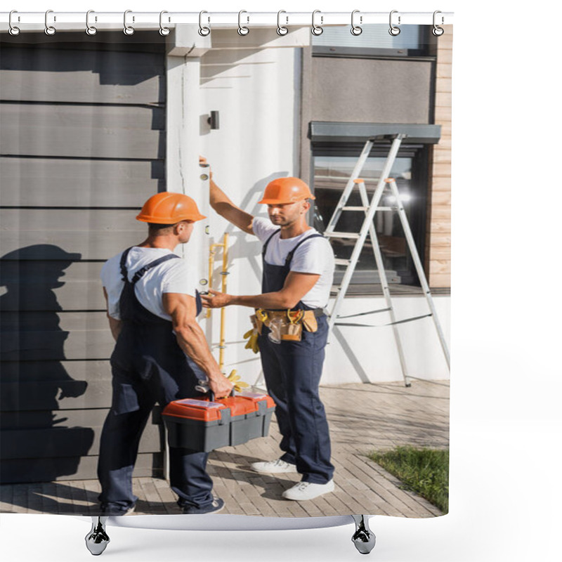 Personality  Builder In Uniform Holding Toolbox Near Colleague With Spirit Level And Building  Shower Curtains