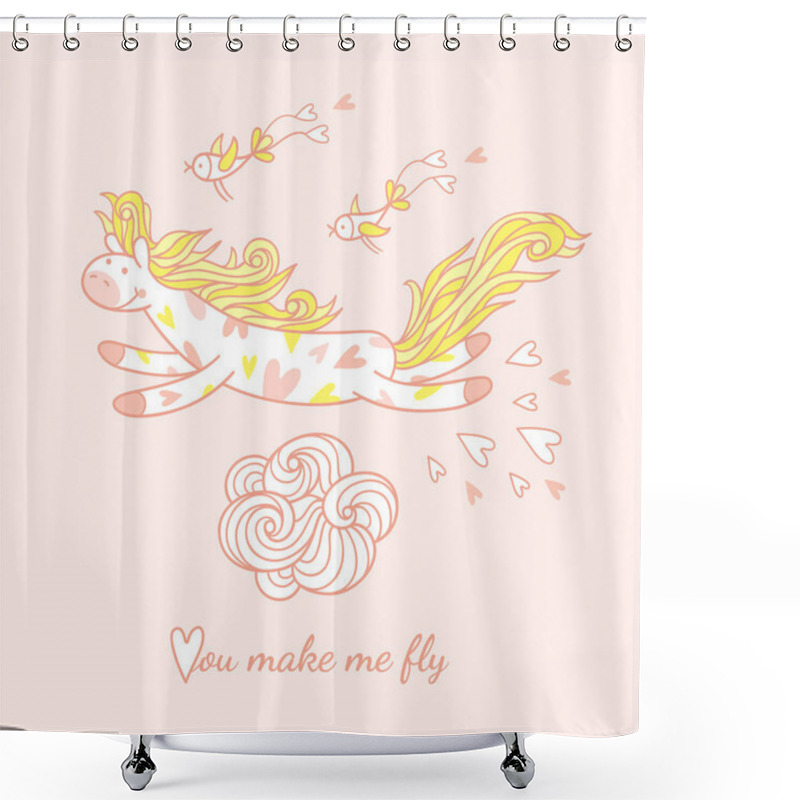 Personality  Pony And Funny Birds Are Flying In The Sky Shower Curtains