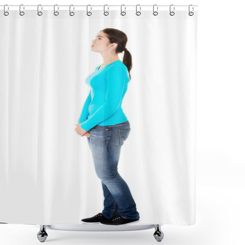 Personality  Attractive Woman Standing Looking On Copy Space. Shower Curtains