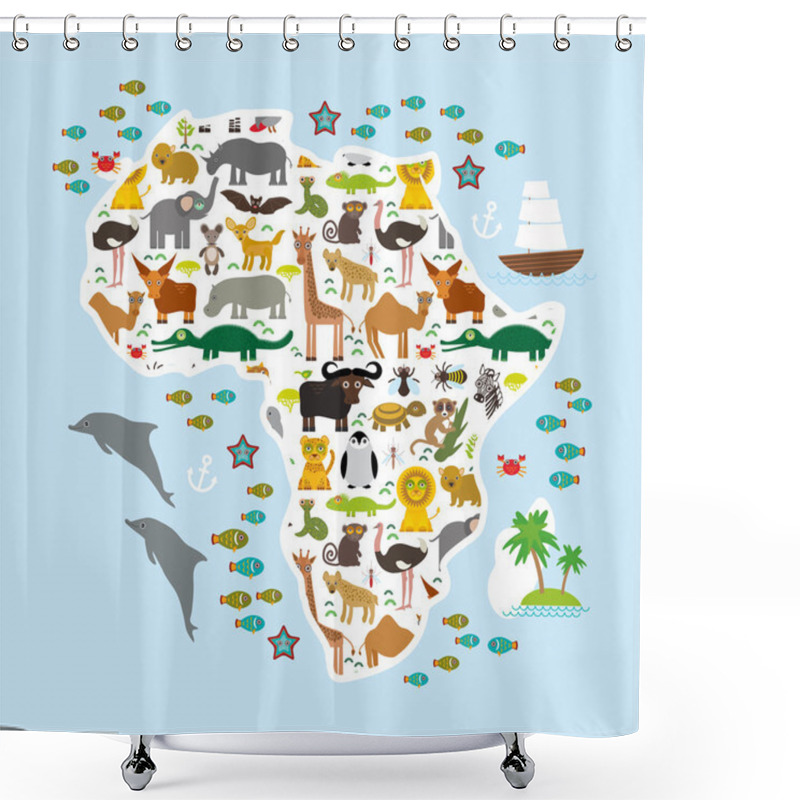 Personality  Animal Africa: Parrot Hyena Rhinoceros Zebra Hippopotamus Crocodile Turtle Elephant Mamba Snake Camel Mosquito Tsetse Ostrich Lemur Chameleon Monkey Fennec Fox Leo Leopard Giraffe Buffalo Penguin. Vec Shower Curtains