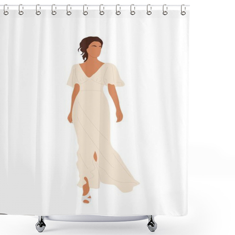 Personality  Bride In A White Wedding Dress. Pretty Young Woman In Luxurious Formal Clothes On Wedding Day, Marriage Ceremony. Just Married Girl. Realistic Vector Illustration Isolated On White Background. Shower Curtains