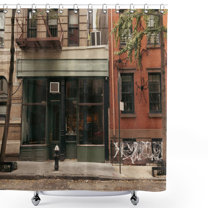 Personality  Facade Of Building With Halloween Decor On Street In New York City Shower Curtains