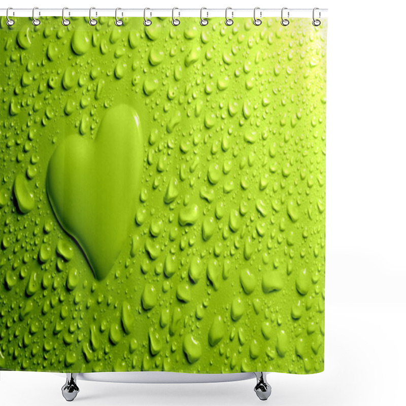 Personality  Water Drops And Heart Shape On Green Background Shower Curtains