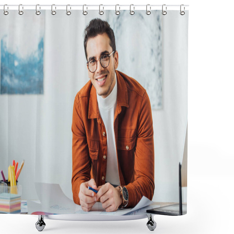 Personality  Creative Designer Smiling At Camera While Working On Project Of User Experience Design At Table In Office  Shower Curtains