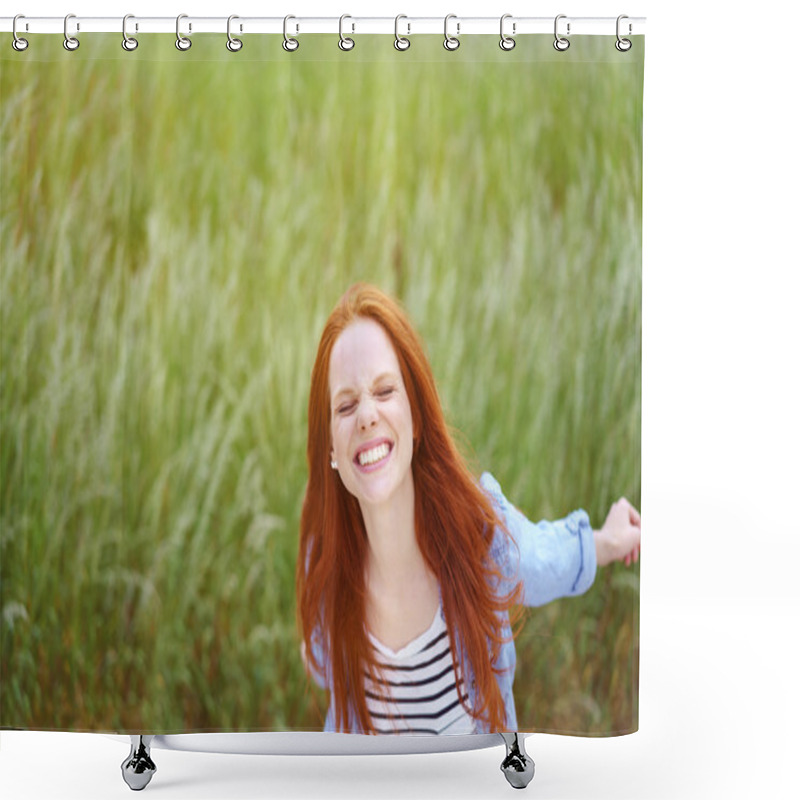 Personality  Playful Young Woman Frolicking In A Spring Field Shower Curtains