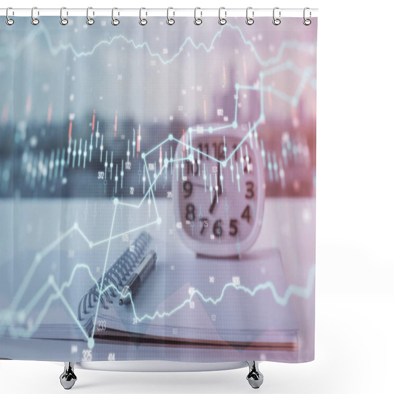 Personality  Multi Exposure Of Financial Graph Drawings And Desk With Open Notebook Background. Concept Of Forex Shower Curtains