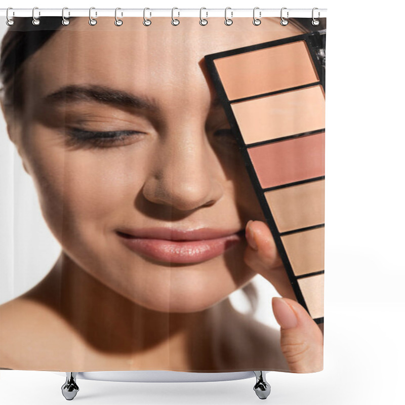 Personality  Close Up Of Smiling Young Woman Covering Eye With Eye Shadow Palette Isolated On White  Shower Curtains