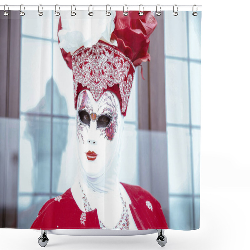 Personality  Intricate Red And White Carnival Mask With Ornate Headdress Shower Curtains