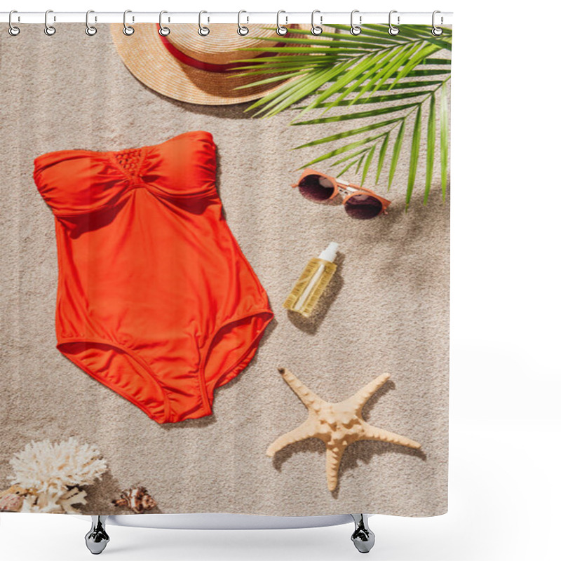 Personality  Top View Of Stylish Red Swimsuit With Body Lotion And Accessories On Sandy Beach Shower Curtains