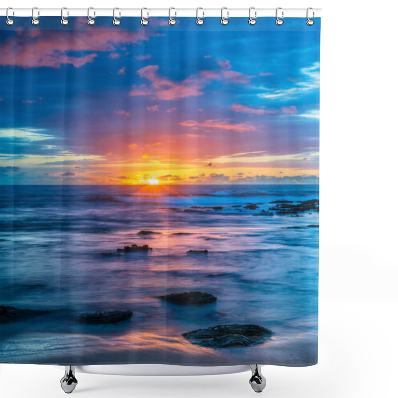 Personality  Sunrise Seascape With Rain Clouds And Rocks At Macmasters Beach On The Central Coast, NSW, Australia. Shower Curtains