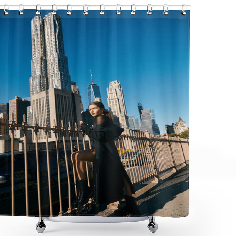 Personality  Young Woman In Black Coat Dances In NYC Street, Skyscrapers & Metal Fence Backdrop. Shower Curtains