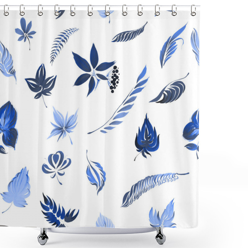 Personality  Blue Frosted Leaves On A White Background, Seamless Pattern. Hand Drawn Gouache Painting Shower Curtains