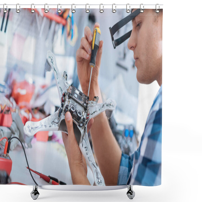 Personality  Handsome Man Repairing Drone With Screwdriver Shower Curtains