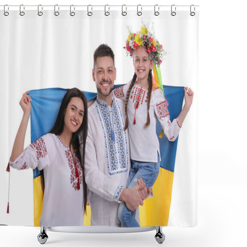 Personality  Happy Family In National Clothes With Flag Of Ukraine On White Background Shower Curtains