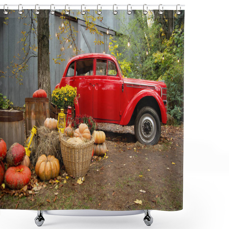 Personality  Thanksgiving Day Decorations Near Red Retro Car Moskvich In Garden, Autumn Holiday Concept   Shower Curtains