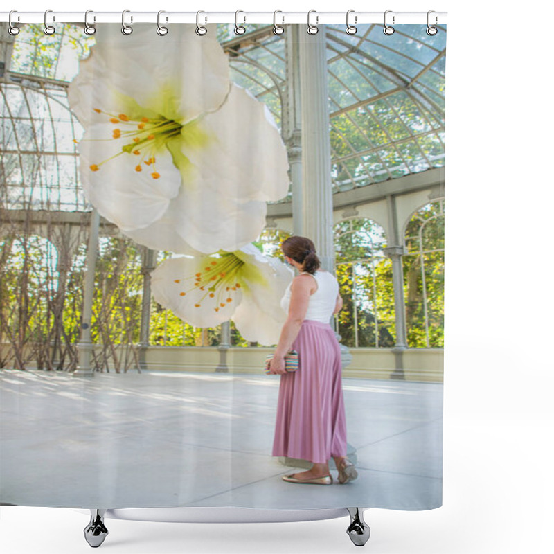 Personality  Madrid, Spain / August 7th 2020: Photo Of A Young And Attractive Woman Visiting A Flower Exhibition Inside The Cristal Palace In Madrid During Summer Wearing A Face Mask Shower Curtains