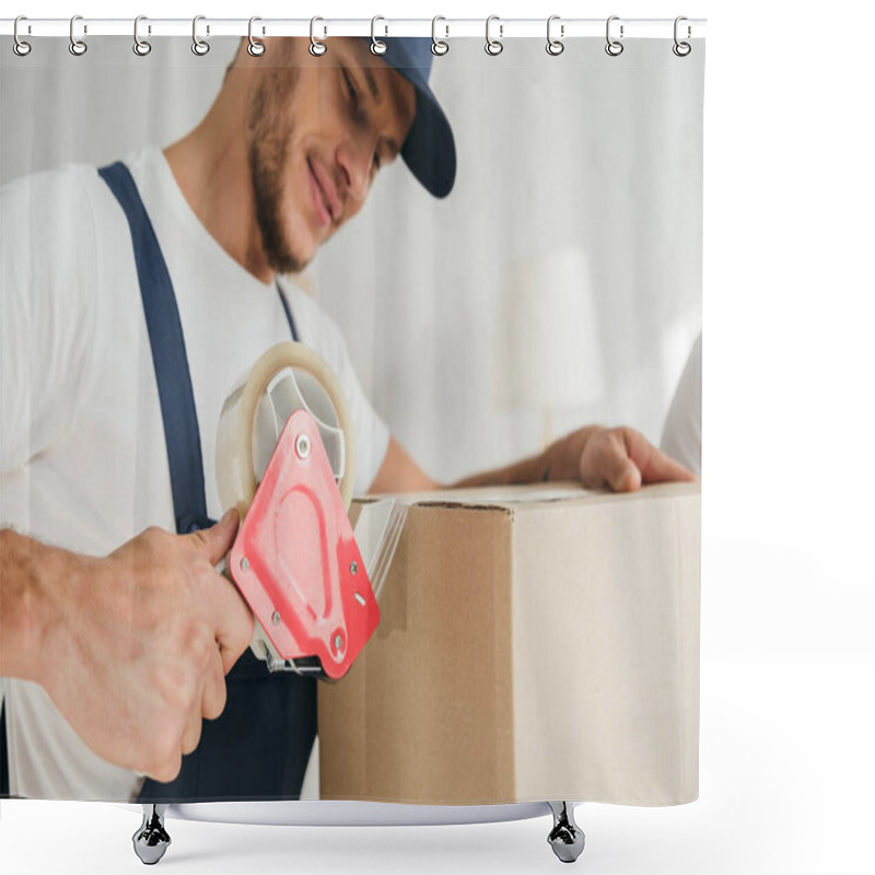 Personality  Happy Mover Packing Box With Scotch Tape In Apartment  Shower Curtains