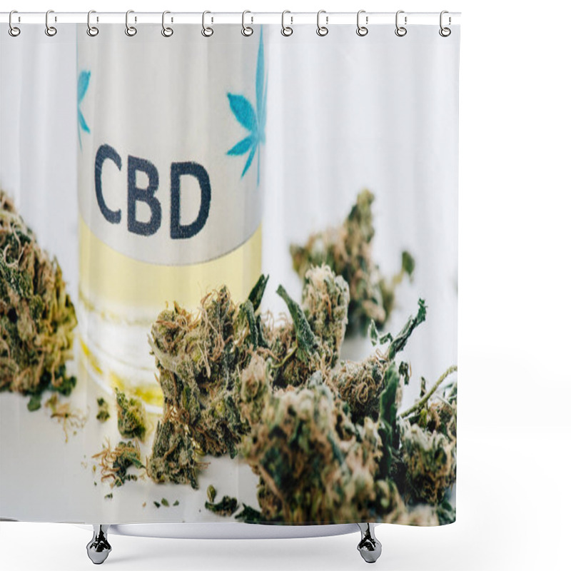 Personality  Cannabis Oil In Bottle With Lettering Cbd And Medical Cannabis On White Background  Shower Curtains