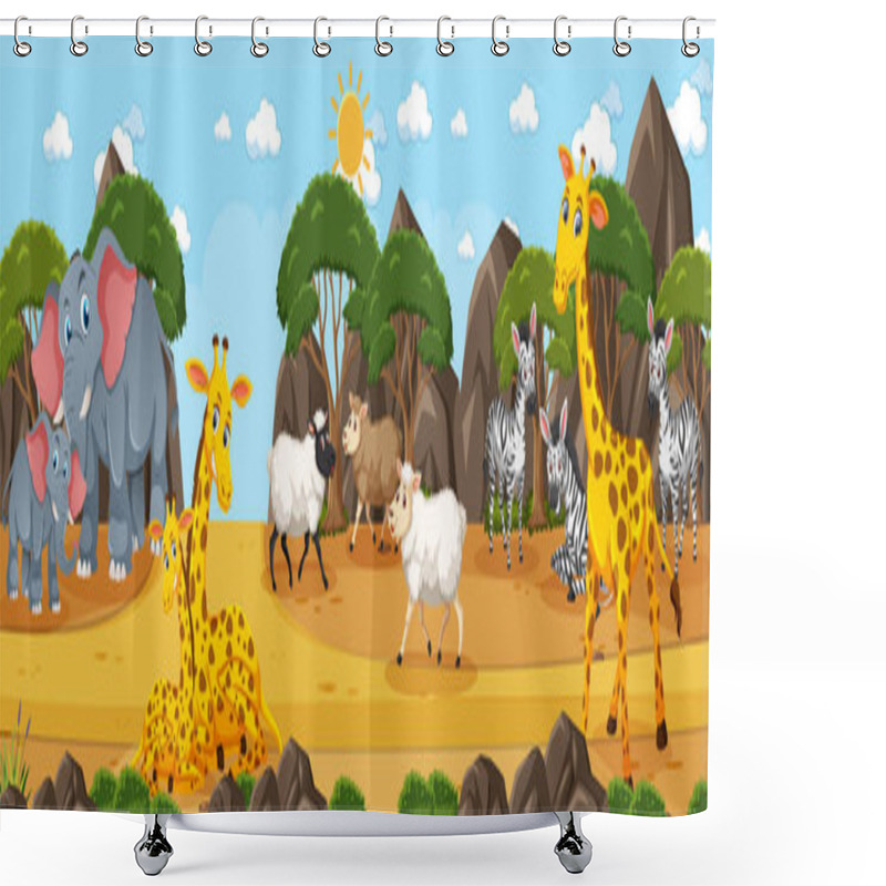 Personality  Forest Panorama At Daytime Scene With Various Wild Animals Illustration Shower Curtains