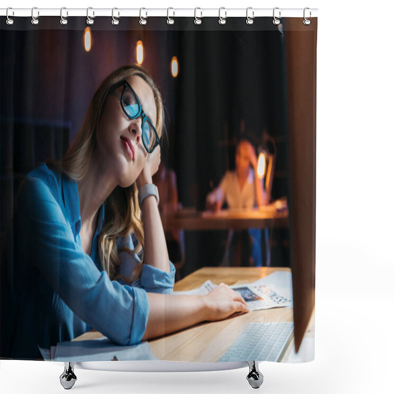 Personality  Businesswoman Working Late In Office  Shower Curtains