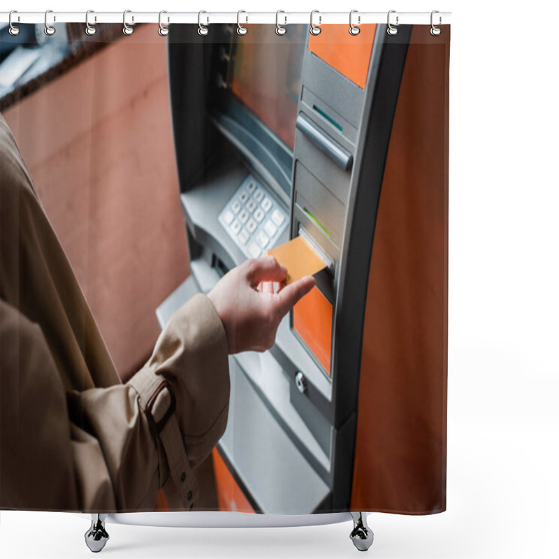 Personality  Cropped View Of Woman Holding Credit Card While Using Atm  Shower Curtains