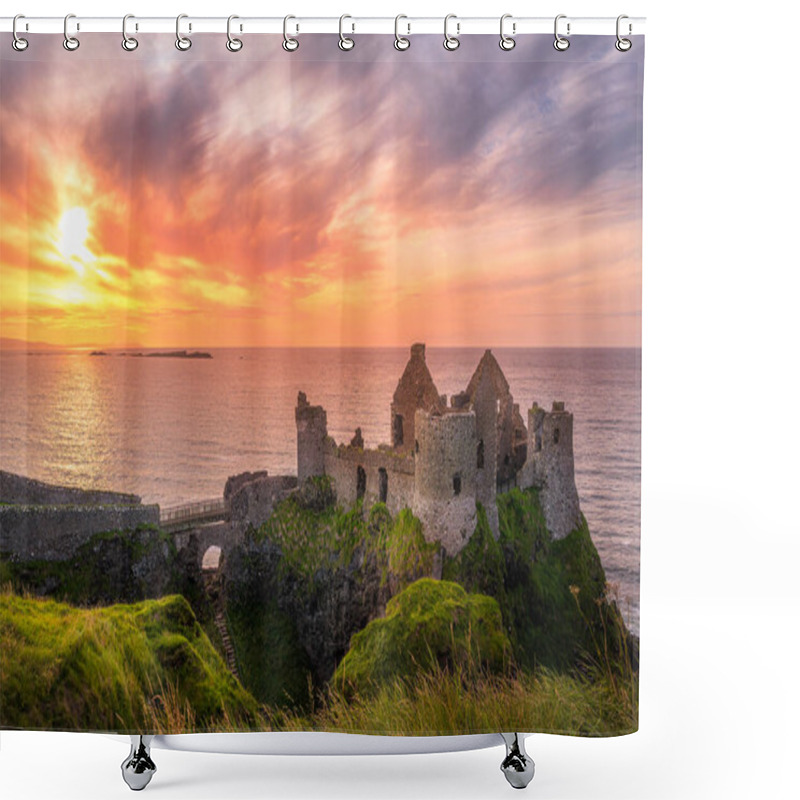 Personality  Dunluce Castle On The Cliff In Bushmills, Sunset Shower Curtains