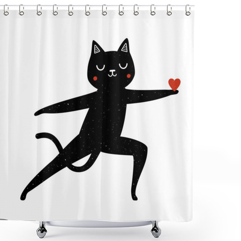 Personality  Vector Illustration With Black Cat Do Yoga Exercise And Give The Red Heart. Shower Curtains