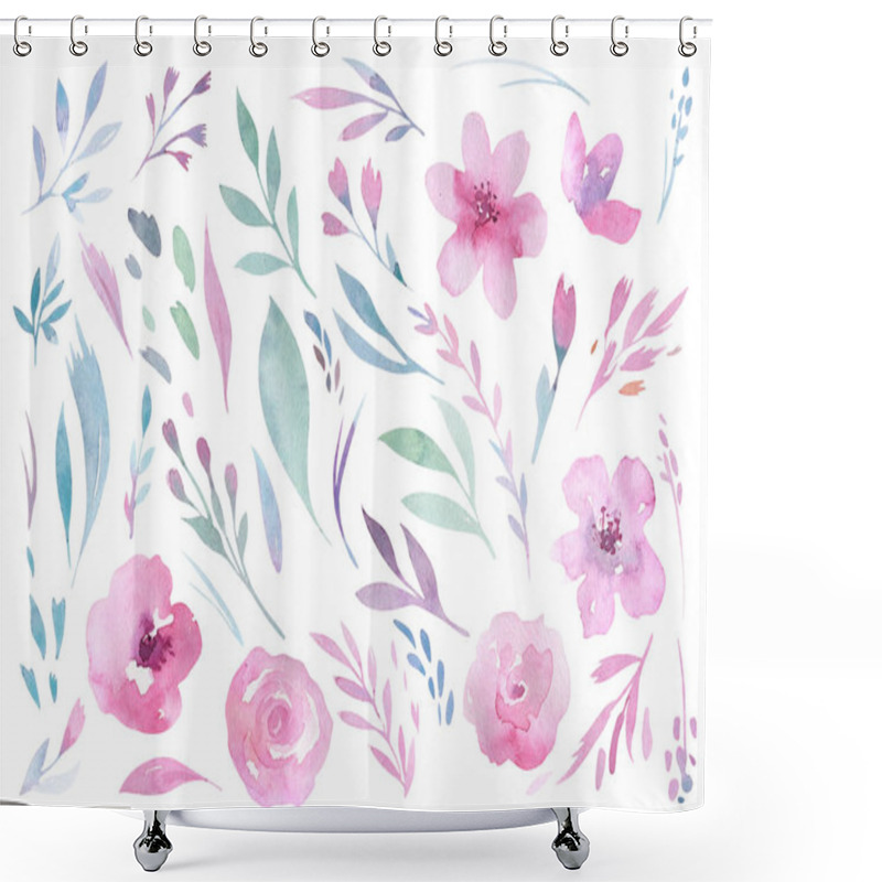 Personality  Floral Pattern With Pink Flowers And Green Leaves In Boho Style Shower Curtains