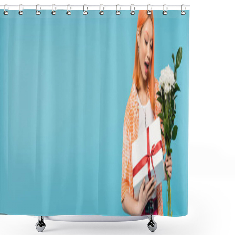 Personality  Holiday, Present, Floral Bouquet, Amazed And Young Asian Woman With Dyed Hair Holding White Flowers And Gift Box On Blue Background, Casual Attire, Generation Z, Festive Celebration, Banner  Shower Curtains