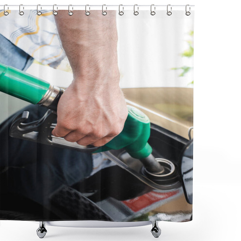 Personality  Cropped View Of Man Holding Fueling Nozzle Near Open Gas Tank Cover Outdoors Shower Curtains