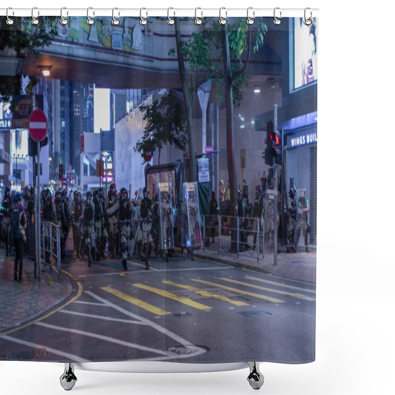 Personality  HONG KONG, HONG KONG - OCTOBER 31, 2019: Riots And Protest In The Night Of Halloween In Central Hong Kong Shower Curtains