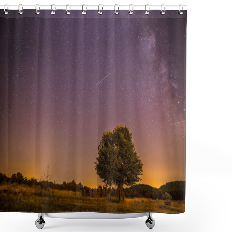 Personality  Night Scenery: Stars, Meadow And A Tree. Purple And Warm Tones Shower Curtains