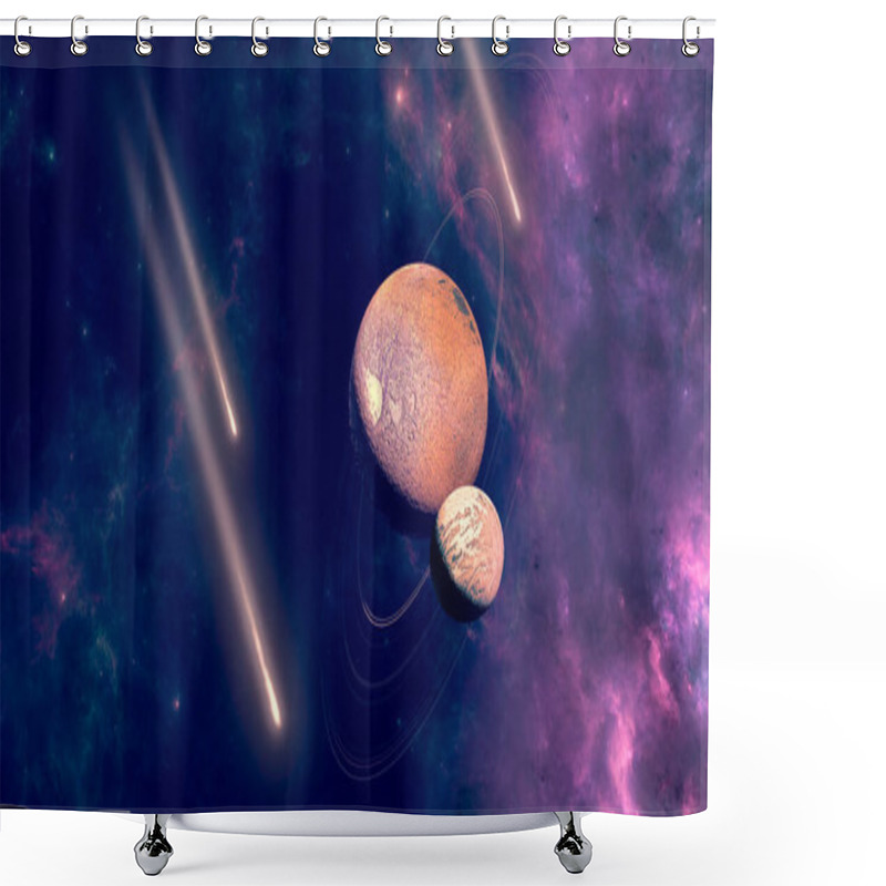 Personality  Planet With Rings And Comet Approaching Near A Star. A Comet Is An Icy, Small Solar System Body Release Gases. Solar Radiation And The Solar Wind Acting Upon The Nucleus Of The Comet. Oort Cloud. Nebula. Sci-fi. 3d Render Shower Curtains